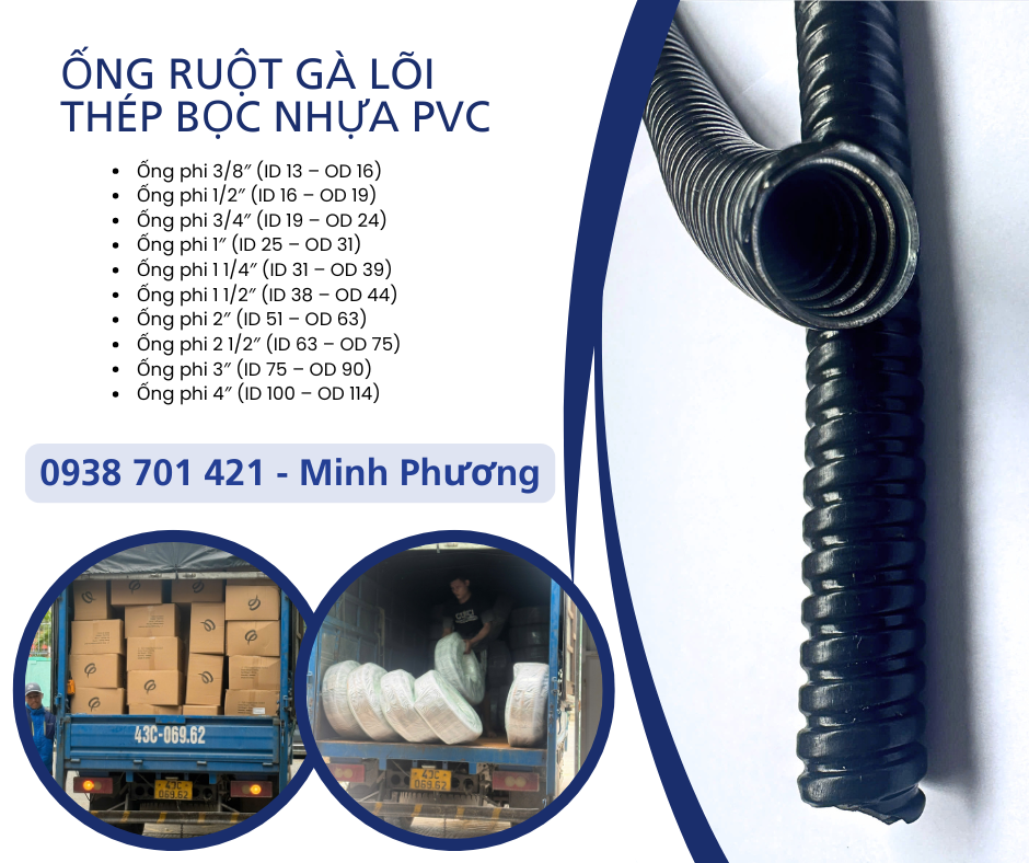 Ống ruột gà lõi thép bọc nhựa PVC tại Đà Nẵng, Huế, Quảng Trị, Thanh Hóa,Nghệ An